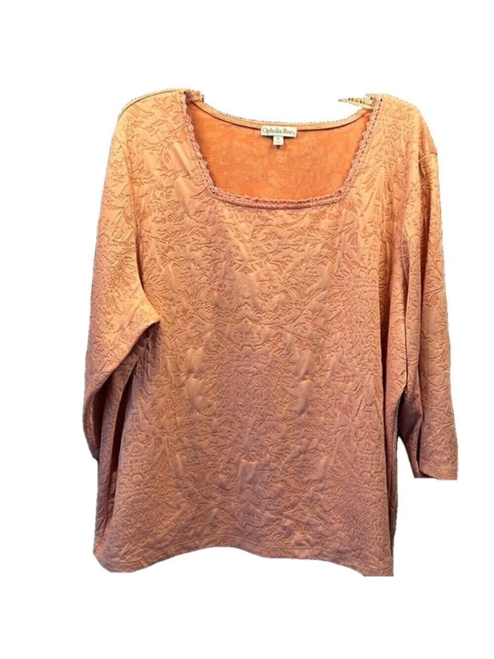Ophelia Roe Top, 2X, Lt Orange w/lace look, PTP 26”, L26”, 95% Poly, 5% Spandex